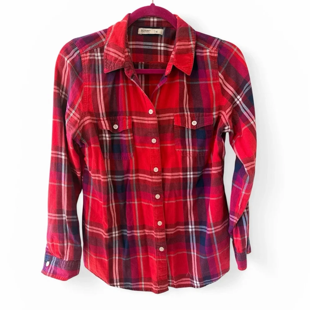 Old Navy Red and Navy Plaid Button-Up Shirt - Picture 2 of 4